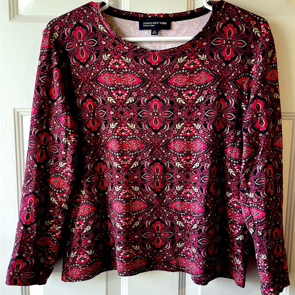 Jones New York Fuchsia Pink Black Tan Boho Print 100% Cotton Knit Top Size Large